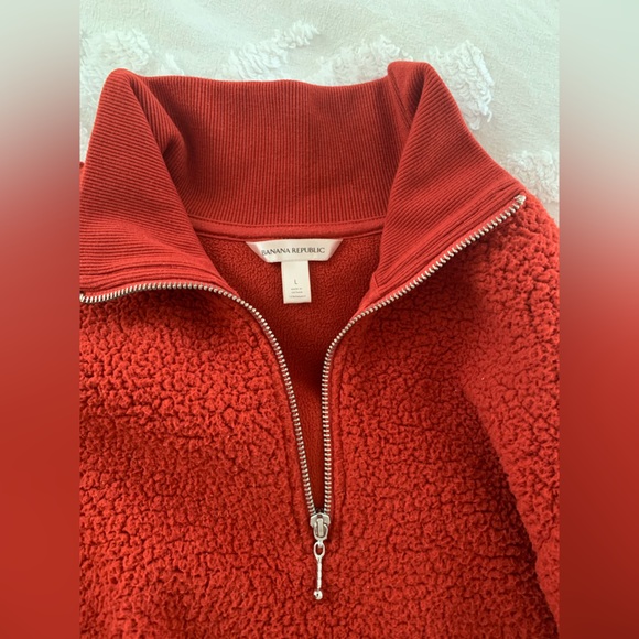 Banana Republic Sherpa Sweater Brick Red Color Neck Zipper Side Pockets Women L - Picture 4 of 7